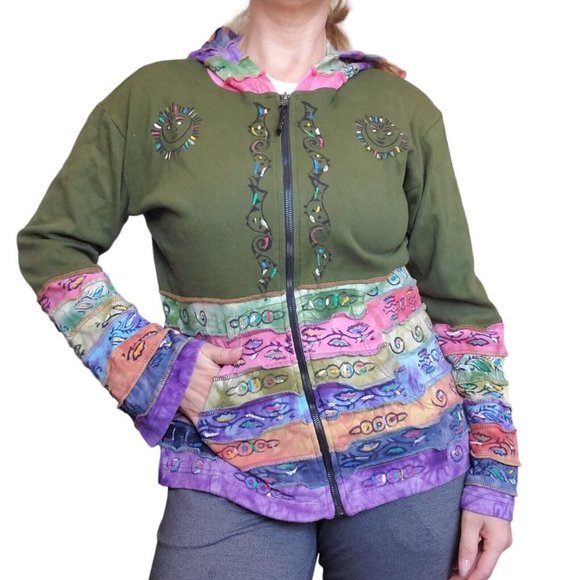 90s Boho Hippie Zipup Jacket Hooded Patchwork Green Handpainted Sun Large - Picture 2 of 15